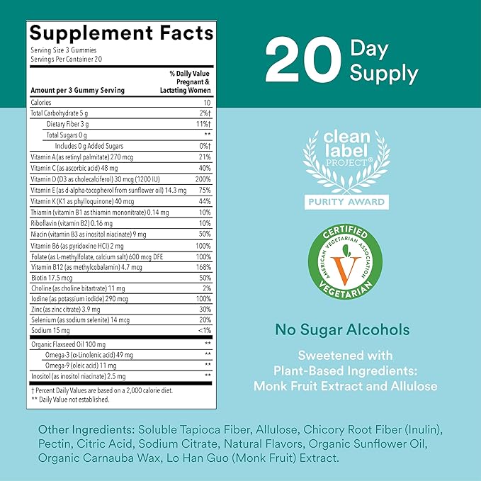 SmartyPants Prenatal Vitamins for Women, Sugar 3 (ALA) D3, C, B12, B6, B6, Vitamin 60 Count (20 Day