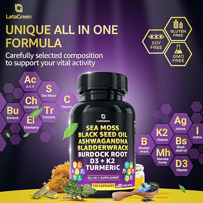 Sea Moss 3000mg Black Seed Oil 2000mg Ashwagandha 1000mg Bladderwrack 1000mg Burdock 1000mg Turmeric 1000mg & D3, K2 K2 with 120 Count
