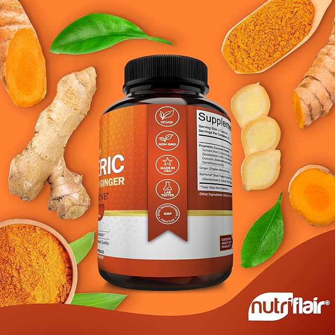 NutriFlair Turmeric Curcumin with Ginger and 180 Capsules 95% Curcuminoids