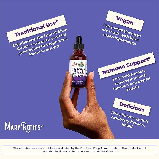 MaryRuth Organics Elderberry Syrup Extra Strength, USDA Organic Elderberry, Sugar Free Adults & Kids Immune Support Supplement for Ages 1+, Clean Label Project Verified®, Vegan, Gluten Free, 2 Fl Oz
