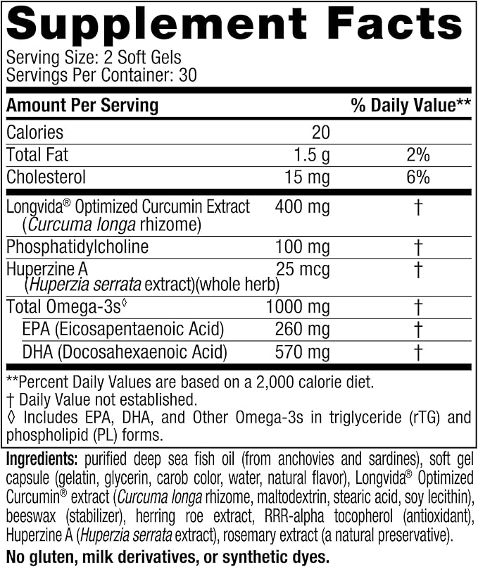 Nordic Naturals Omega Memory with Curcumin, Lemon 60 Soft 1000 mg Omega-3 + 400 mg 30 Servings