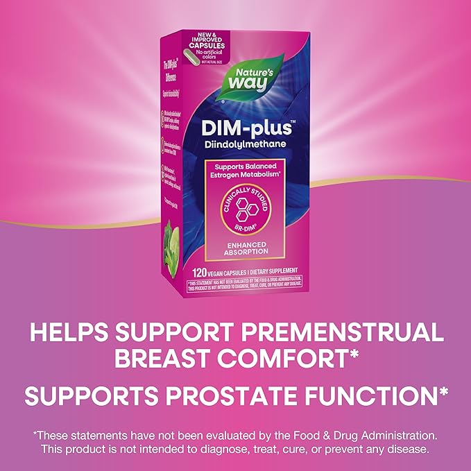Nature's Way DIM-Plus, DIM Supplement, Supports Balanced Estrogen Metabolism*, Supports Estrogen Hormone Balance*, Diindolylmethane, 120 Vegan Capsules (Packaging May Vary)