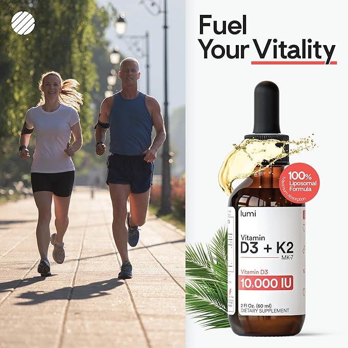 lumi Vitamin D3 K2 MK7 w Palm MCT Oil - 10000 IU D3, 200 mcg K2 MK7-60ml Liposomal Absorption Sublingual Liquid Drops - Non-GMO, Vegan, Unflavored Liquid - Monthly Supply - 2 Fl Oz