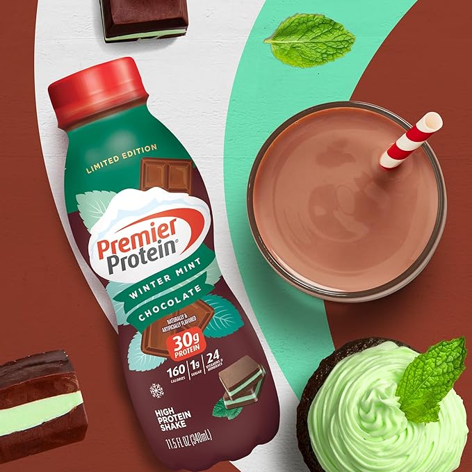 Premier Protein Shake, Winter Mint Chocolate, 30g Protein 1g Sugar 24 Vitamins 11.50 fl 12)