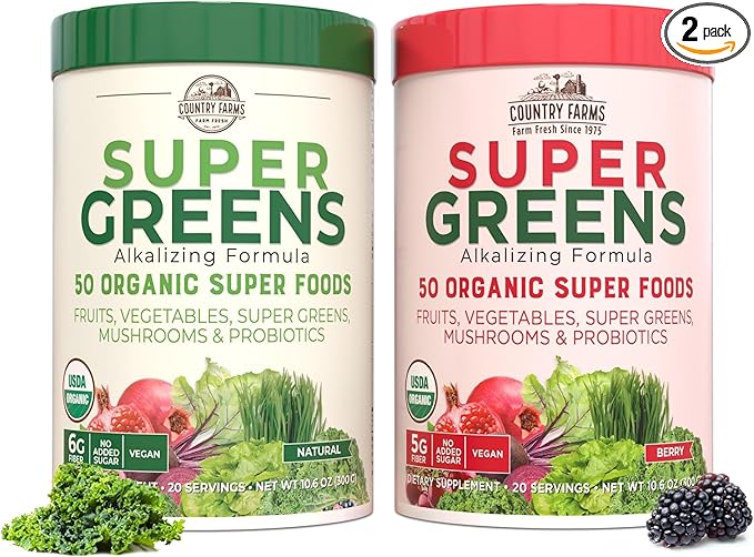 COUNTRY FARMS Super Greens Power Pack, 50 Organic Super Foods, Greens Powder with Probiotics for Gut Health & Bloating Relief, Supports Energy, Unflavored & Berry, 40 Serving