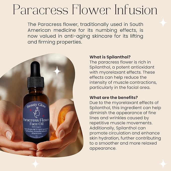 Paracress Flower Spilanthes Facial Oil Organic Serum for Face MCT Oil Infused with Paracress Spilanthes Acmella Oleracea Flowers for Anti-Aging Anti-Wrinkle Moisturizing Miracle Serum 1 Fl Oz