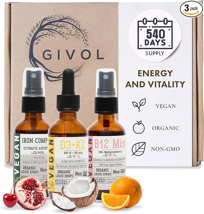 Energy & Vitality Bundle Liquid Vitamin B12 Methylcobalamin, D3 (Lichen) K2 (MK4 (MK4 & MK7), Non-GMO, 2 Fl (60 ml) 540 Days