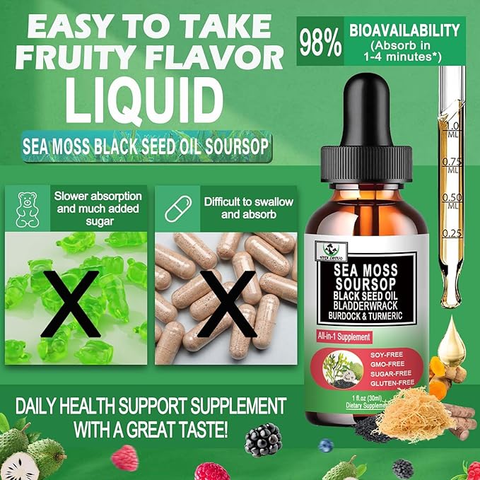 Sea Moss Black Seed Oil Soursop Liquid Drops with Bladderwrack Burdock Root Turmeric - Multimineral & Vitamins Superfood Drops Organic Non-GMO for Immune & Digestive & Cell Support Skin Hair