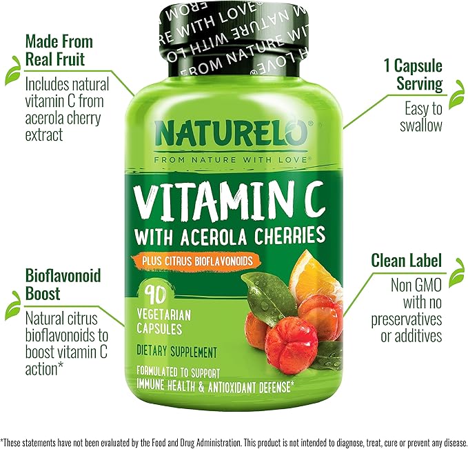 NATURELO Vitamin C with Organic Acerola 500 mg 90 Capsules