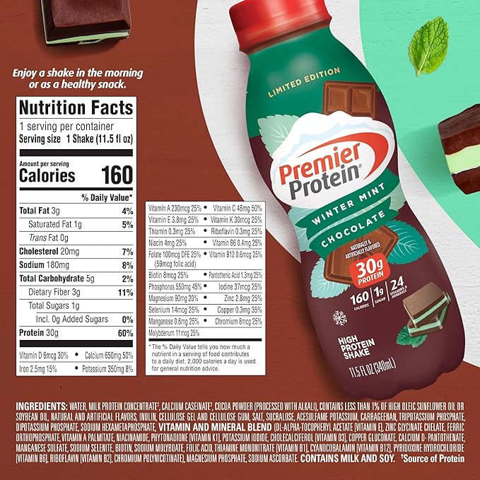 Premier Protein Shake, Winter Mint Chocolate, 30g Protein 1g Sugar 24 Vitamins 11.50 fl 12)