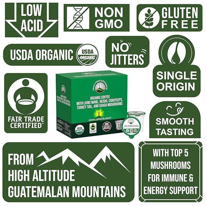 Organic Mushroom Coffee Pods with Lion's Mane, Reishi, Cordyceps, Turkey Tail, and Chaga Mushrooms. High Altitude, Low Acid, Smooth Tasting, Fair Trade, Instant Nootropic Coffee (Medium Roast Ground)