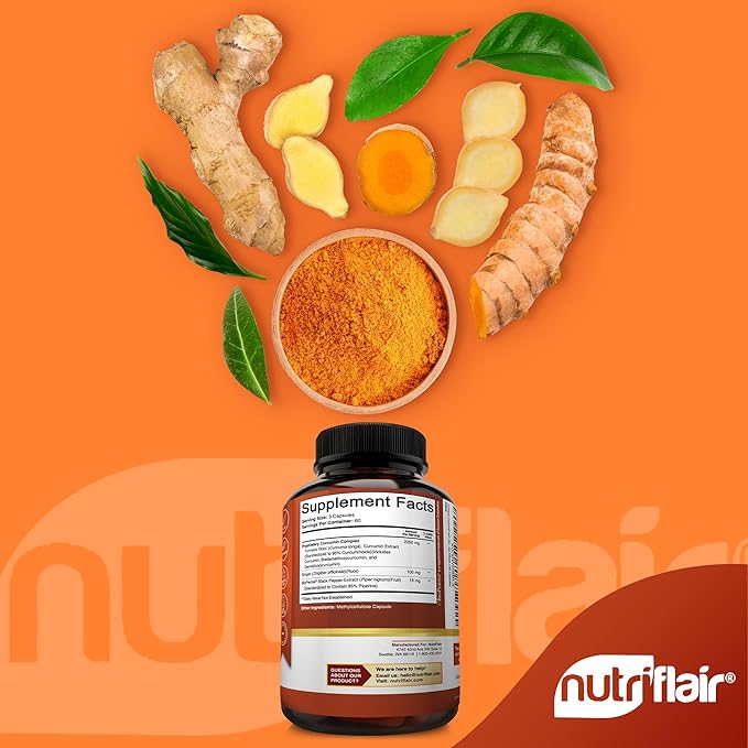 NutriFlair Turmeric Curcumin with Ginger and 180 Capsules 95% Curcuminoids