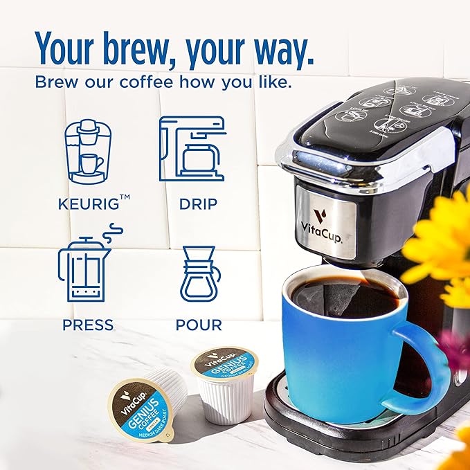 Genius Vanilla Keto Coffee Pods by VitaCup w/MCT Oil, Turmeric, B Vitamins, & D3 for Energy & Focus in Recyclable Single Serve Pod Compatible with K-Cup Brewers Including Keurig 2.0, 64 CT