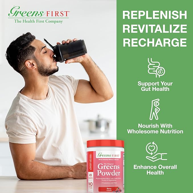 Greens First Original Greens Powder - 49 Superfoods - Organic Fruits & Veggies - Prebiotics, Probiotics & Digestive Enzymes - Antioxidant Smoothie - Dairy Free, Vegan & Non-GMO (Berry, 30 Servings)