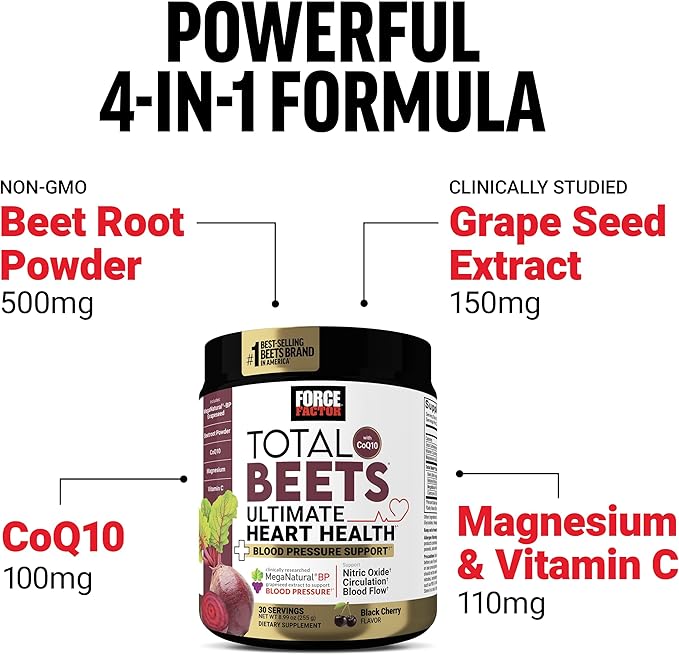Force Factor Total Beets Ultimate Heart Health Blood Pressure Support with CoQ10, Beet Root Powder, Grape Seed Extract, Blood Pressure Supplement for Circulation, Black Cherry, 30 Servings