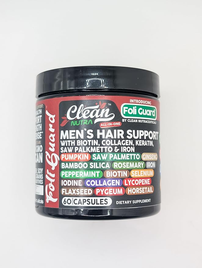 Hair Growth Supplement for Men | Biotin Collagen Keratin Saw Palmetto Iron Pumpkin Ginseng Bamboo Silica Rosemary Peppermint Selenium Iodine Flaxseed Horsetail Vitamin A C D3 E B12 by Clean Nutra (1)