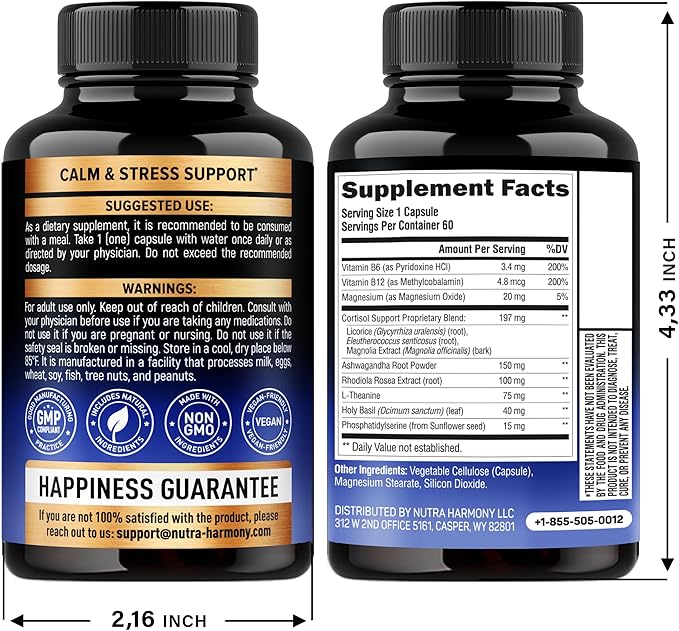Cortisol Supplement for Women - Natural Based Hormone Balance - Ashwagandha | Rhodiola | Holy Basil | L-Theanine - Mood, Focus & Sleep Support - Made in USA - Vegan, Non-GMO - 60 Capsules for 2 Month