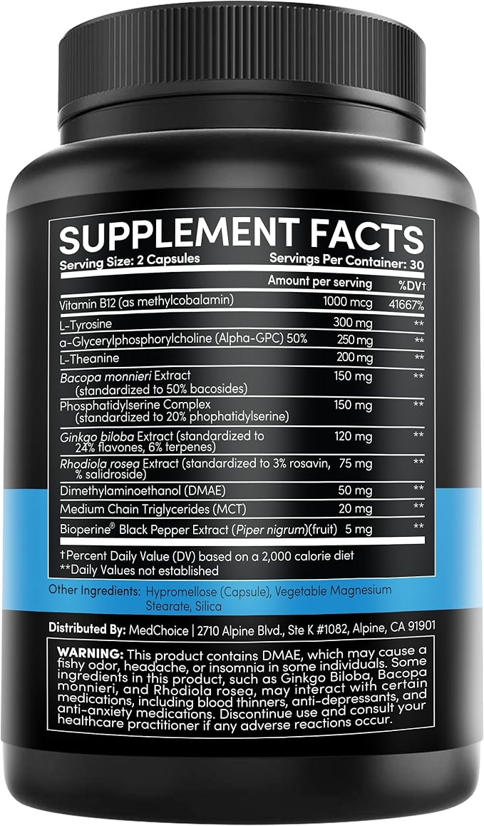11-in-1 Nootropic Brain Supplements for Memory, Focus and Brain Support with Ginkgo Biloba, L Theanine, Bioperine, Alpha GPC, Choline - 1321mg, Stimulant Free, Vegan (60ct, Pack of 4)