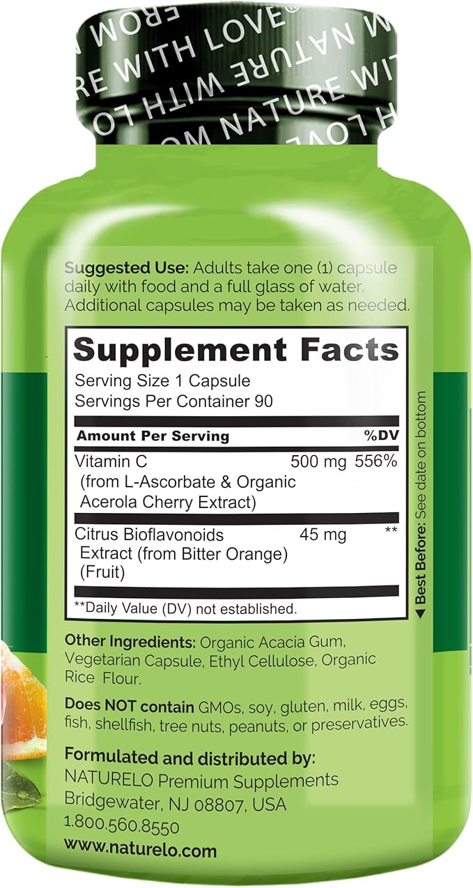 NATURELO Vitamin C with Organic Acerola 500 mg 90 Capsules