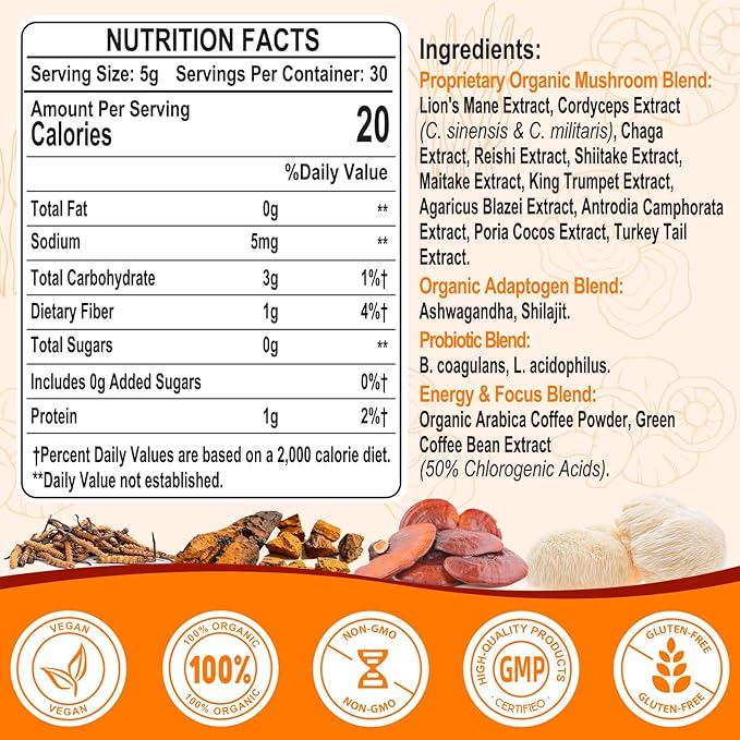 Mushroom Coffee - Mushroom Coffee Organic with 11 Superfood Mushrooms, Includes Lion's Mane, Reishi, Chaga, Cordyceps and Adaptogens, Mushroom Supplement for Energy, Focus, Memory and Immunity - 5.3oz