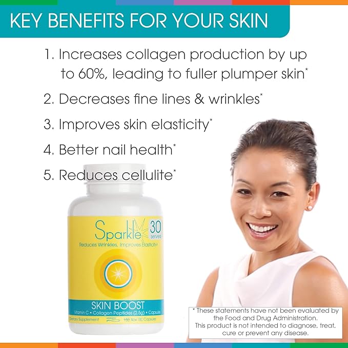 Sparkle Skin Boost Collagen Capsules 3-Pack (180 Pills 30 Days 2500mg Verisol