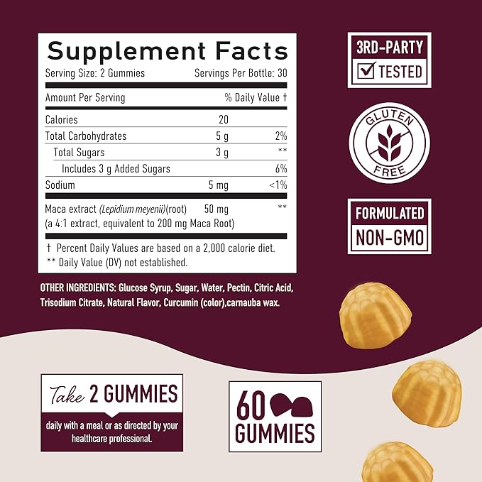 Maca Root Gummies with Natural Peach Flavor 200MG Extra 60 Gummies