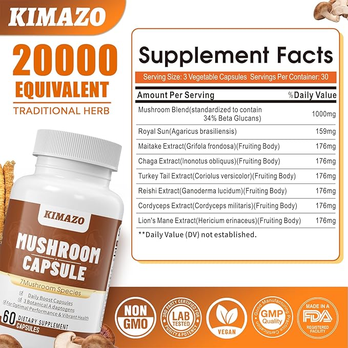 KIMAZO Lions Mane Supplement, Focus & 7 Different 100% Fruiting Mycelium(20 Days 60 Count)