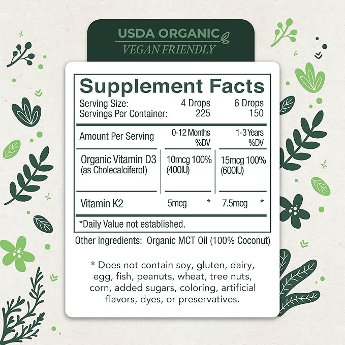 Vitamin D3 and Vitamin K2 Liquid Drops – Baby Vitamin D Drops for Infants w/ Vitamin K for Optimal Absorption – Vitamin D3 K2 Supplement w/ Organic MCT Oil Supports Healthy Bones, Brain, Immune System