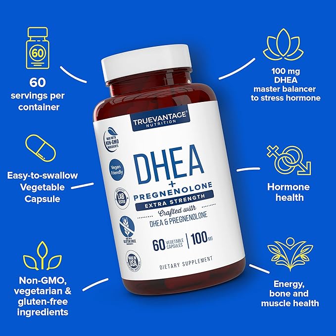 DHEA 100mg Supplement with Pregnenolone 60mg -Supports Hormone Balance, Lean Muscle Mass, Energy, Mood, Sleep, and Healthy Aging in Men and Women- Vegetable Capsules