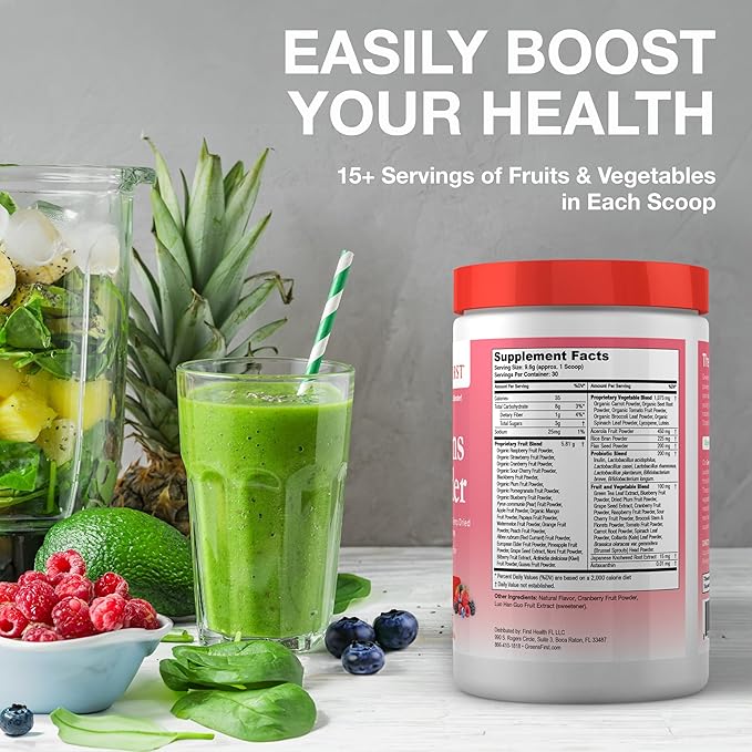 Greens First Original Greens Powder - 49 Superfoods - Organic Fruits & Veggies - Prebiotics, Probiotics & Digestive Enzymes - Antioxidant Smoothie - Dairy Free, Vegan & Non-GMO (Berry, 30 Servings)