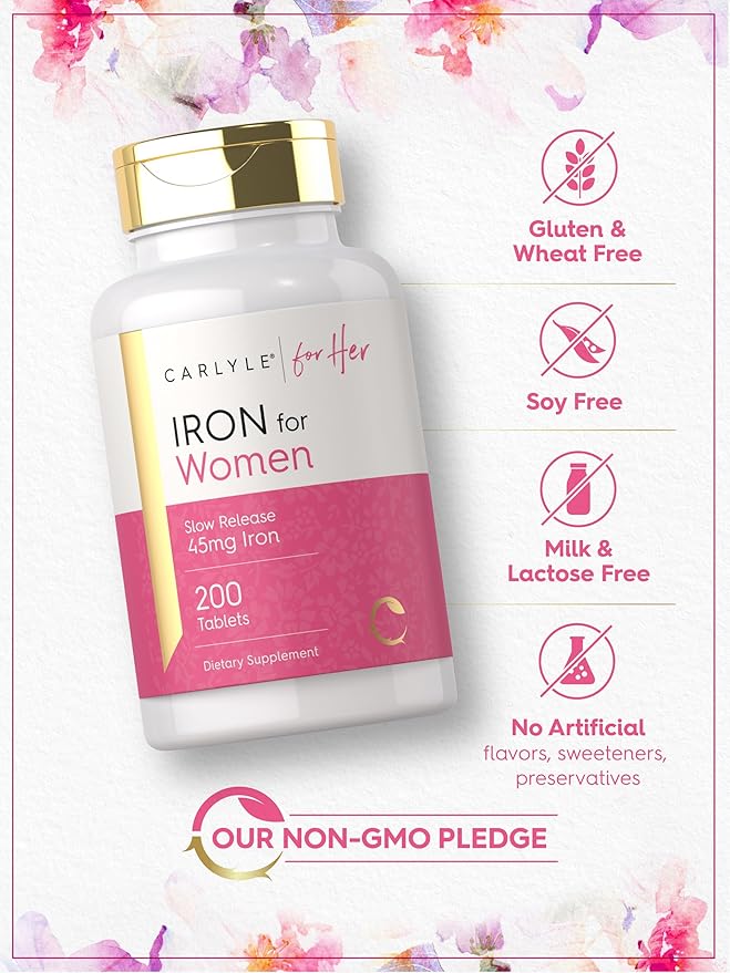Carlyle Iron Supplement for Women | 45mg | 200 Slow Release Tablets | Vegetarian, Non-GMO, Gluten Free Pills | for Her