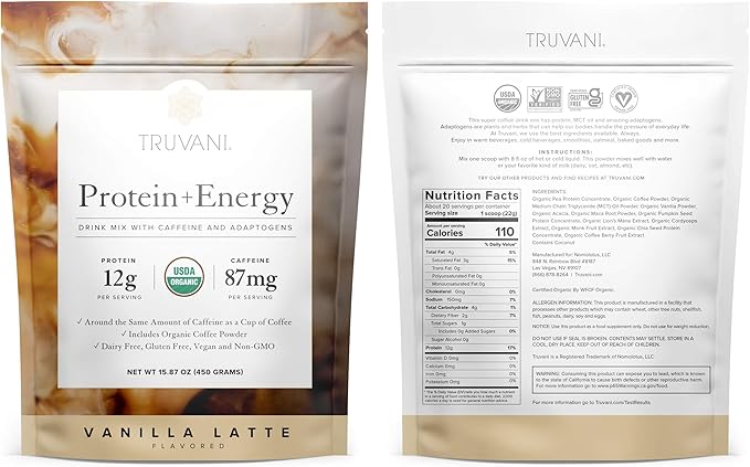 Truvani Protein + Energy Drink Mix 87mg Caffeine 12g Protein 20 Servings