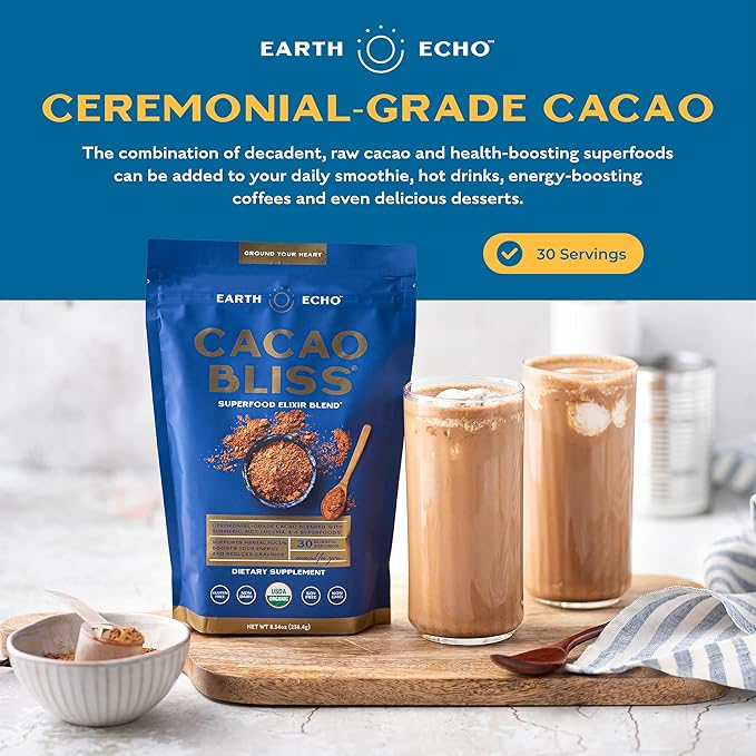 Earth Echo Cacao Bliss Organic Superfood Powder with MCT Oil and Turmeric for Natural Energy, Reduced Cravings, and Boosted Mental Clarity, Dairy-Free, Gluten-Free, Keto-Friendly, 30 Servings