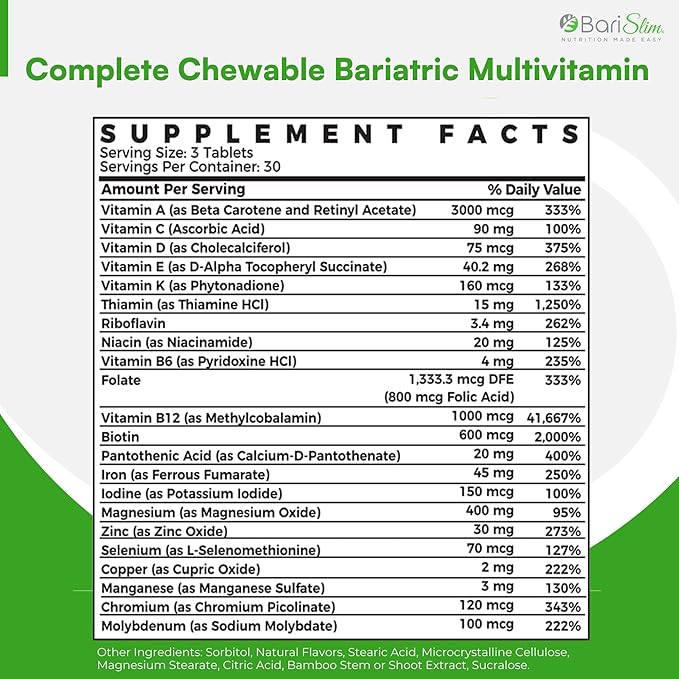 BariSlim Chewable Bariatric Multivitamin 45mg Iron