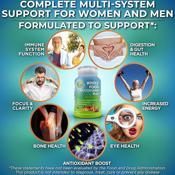 Vegan Whole Food Multivitamin with Iron, Daily Multivitamin for Women and Men, Made with Fruits & Vegetables, B-Complex, Probiotics, Enzymes, CoQ10, Omegas, Turmeric, Non-GMO, 90 Count