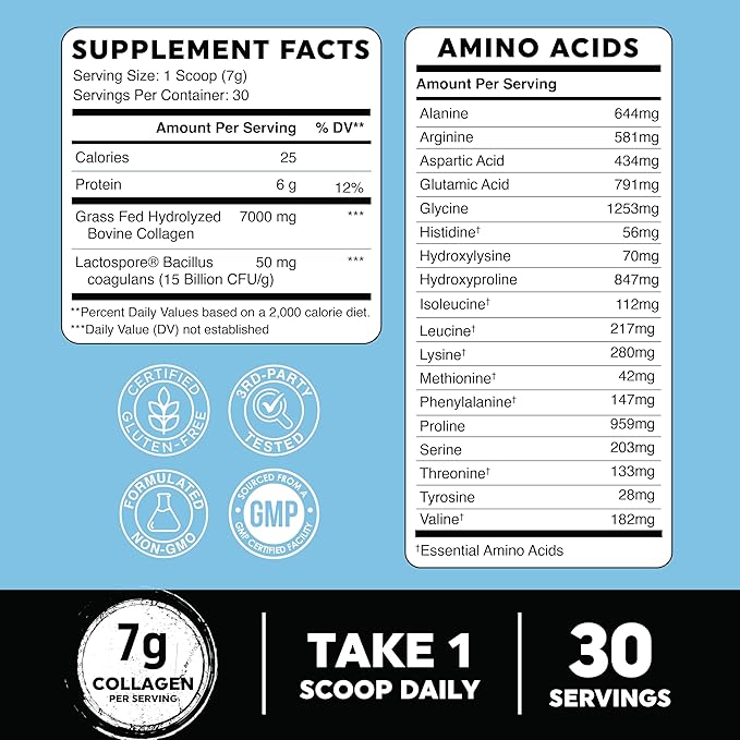 Collagen Peptides Powder with Probiotics 1 & 3 Grass 7000mg Per 210g Per