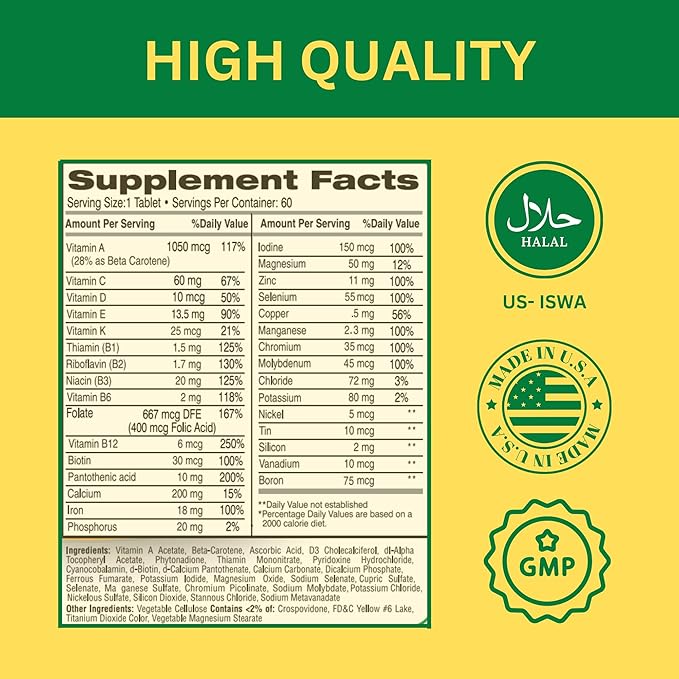 Greenfield Nutritions Halal Multivitamins for Women 60 Gelatin 27+ Vitamin B12, C, D3, Iron