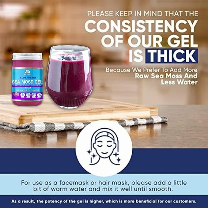 Sea Moss Gel by BioVitalica - Irish sea Moss raw Organic - Premium Quality - Dr Sebi, Vegan superfood for Cells - 100% Natural Seamoss Gel - (Pack of 1, Elderberry)
