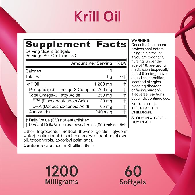 Jarrow Formulas Krill Oil - Phospholipid Omega-3 Complex with Astaxanthin - 60 Softgels - 30 Servings - Supports Lipid Management, Metabolism, Brain & Heart Health - EPA & DHA - Gluten Free - Non-GMO