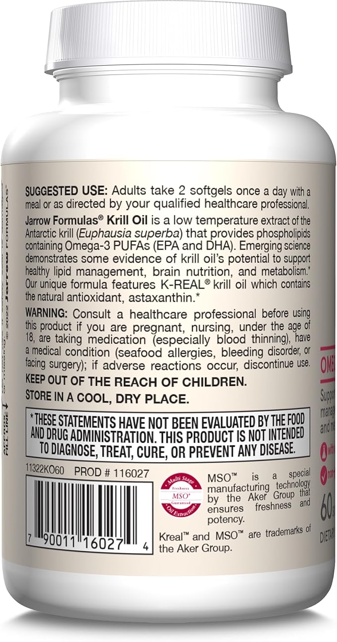 Jarrow Formulas Krill Oil - Phospholipid Omega-3 Complex with Astaxanthin - 60 Softgels - 30 Servings - Supports Lipid Management, Metabolism, Brain & Heart Health - EPA & DHA - Gluten Free - Non-GMO