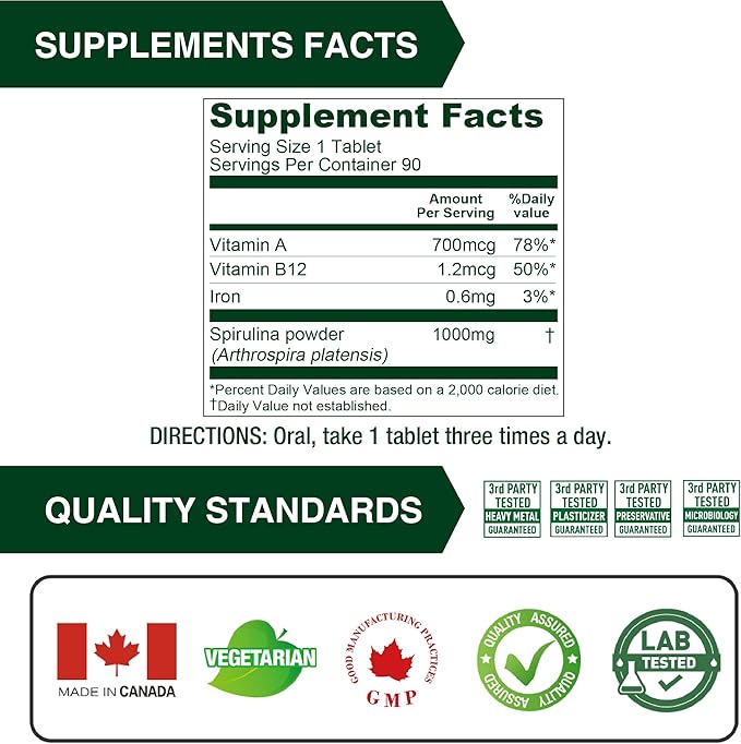Lovita Organic Spirulina 1000mg per Tablet, 100% Vegan, 90 Vegetarian