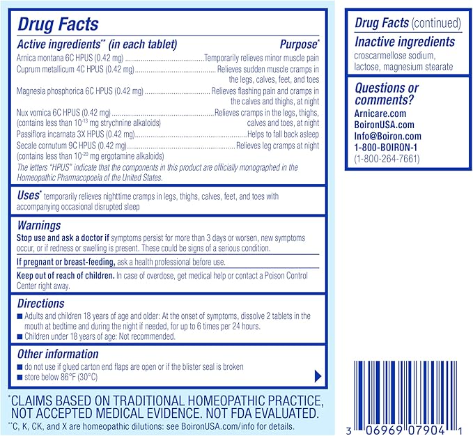 Boiron Arnicare Leg Cramps PM for Nighttime Relief from Cramping and Stiffness in Feet or Calves - 60 Tablets