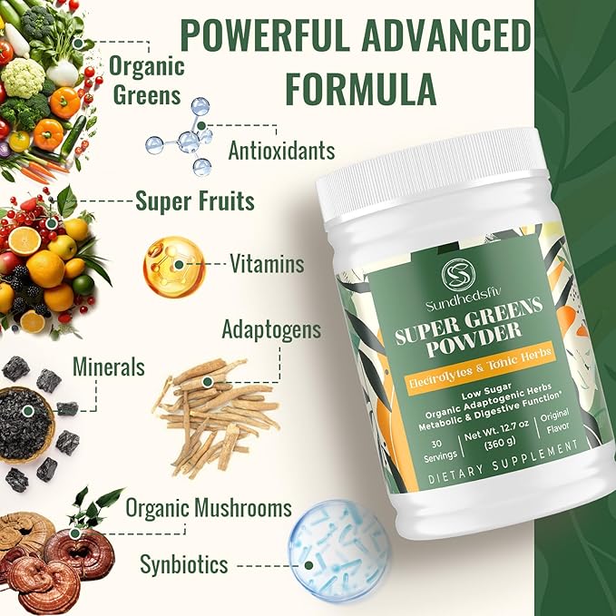 Super Greens Powder Superfood Supplement + Electrolytes & Tonic Herbs | Organic Greens, Adaptogens, Shilajit, Antioxidants, Prebiotic & Probiotic & Postbiotic | for Gut, Energy & Immune | 30 Servings
