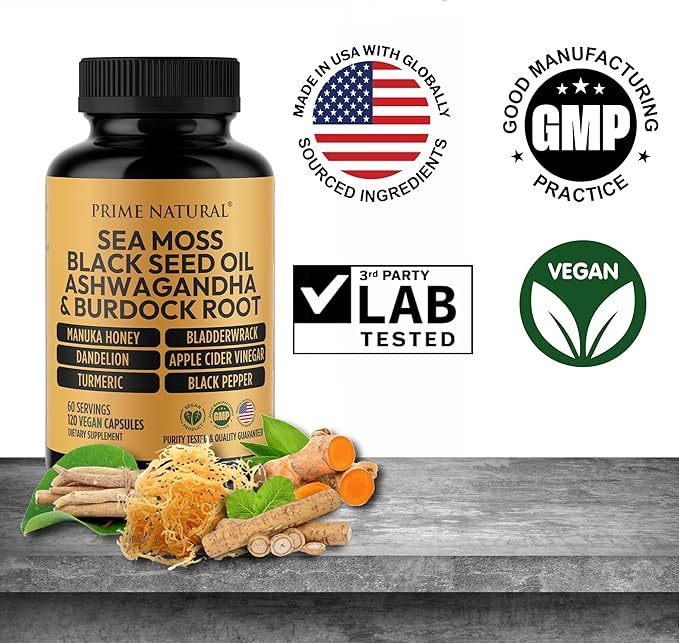 Sea Moss 3000mg Black Seed Oil 2000mg Ashwagandha 1000mg Turmeric 1000mg Bladderwrack 1000mg Burdock 1000mg Manuka 120 Capsules 60 days