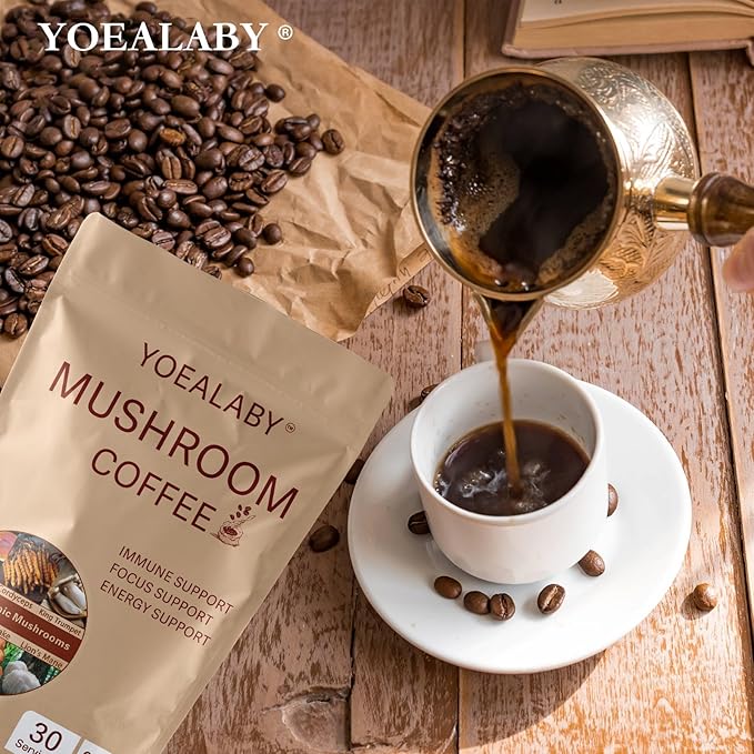 Mushroom Coffee,Organic 6 Adaptogenic Mushrooms Cordyceps, Reishi, Lion's Mane - Enhanced with MCT Oil, Non-GMO Instant Coffee - 180g, 30 Servings - Enhances Focus, Energy & Immunity