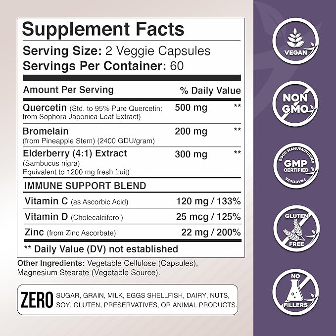 Quercetin with Vitamin C and Zinc 500mg - D3 - 6 in 1 Daily 4 Months
