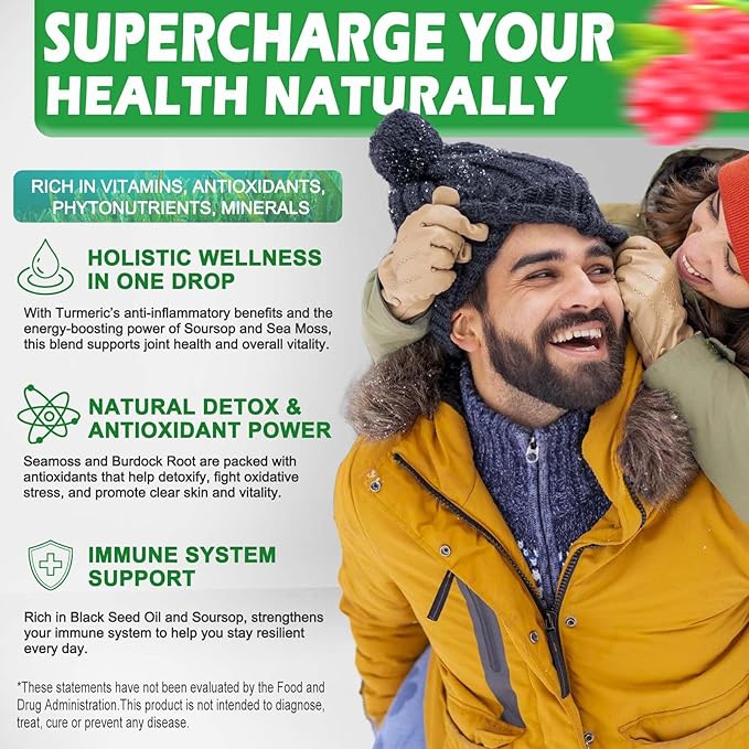 Sea Moss Black Seed Oil Soursop Liquid Drops with Bladderwrack Burdock Root Turmeric - Multimineral & Vitamins Superfood Drops Organic Non-GMO for Immune & Digestive & Cell Support Skin Hair