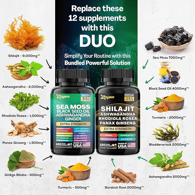 Zoyava Dynamic Vitality Bundle, Sea Moss 7000mg, Black 4000mg, Ashwagandha 2000mg, Ginger 9000mg, Rhodiola 1000mg, Panax (3 Pack)