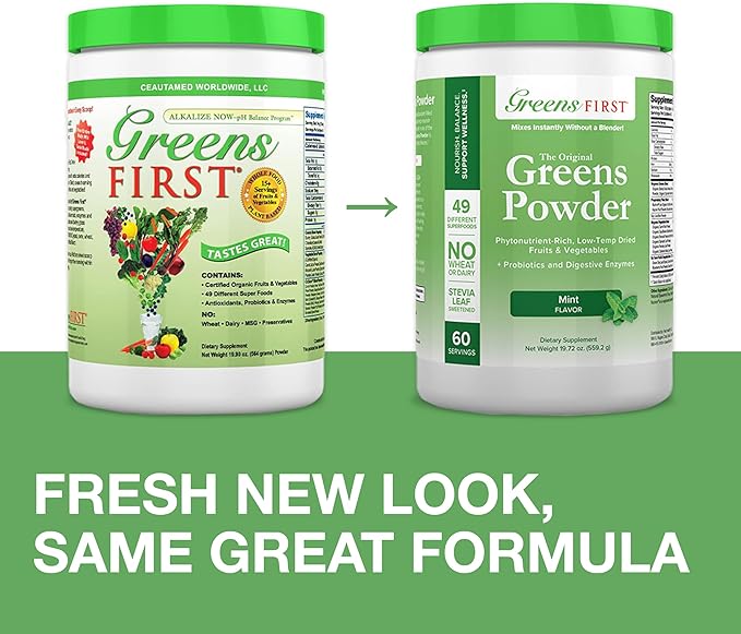 Greens First Original Greens Powder - 49 Superfoods - Organic Fruits & Veggies - Prebiotics, Probiotics & Digestive Enzymes - Antioxidant Smoothie - Dairy Free, Vegan & Non-GMO (Mint, 60 Servings)