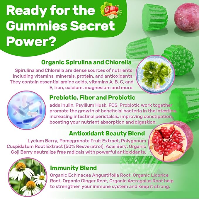 Super Greens Gummies, Greens Superfood Powder Alternative w/Spirulina, Chlorella, Prebiotic Fiber, Probiotic, Fruit Veggie, Daily Greens Vegetable for Digestive & Gut Health, Immunity, Focus, 120 Cts